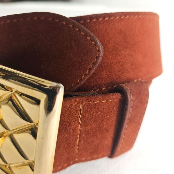 Vintage 80s ESCADA Classic Designer E Logo Belt in Rich Brown Suede XS SMALL - Picture 4 of 12